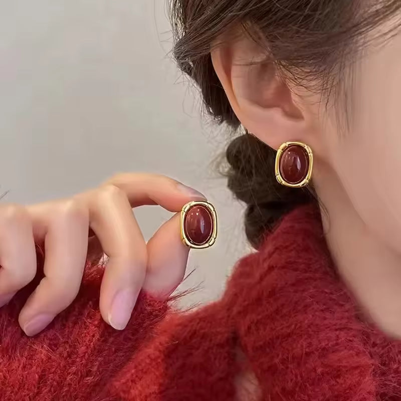 Vintage Enamel Wine Red Stud Earrings